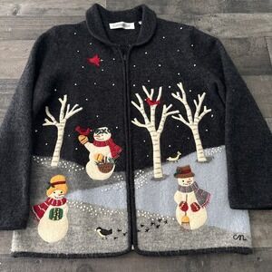 Vintage Claire Murray Sweater Womens L Full zip Winter theme Snowmen birds Trees